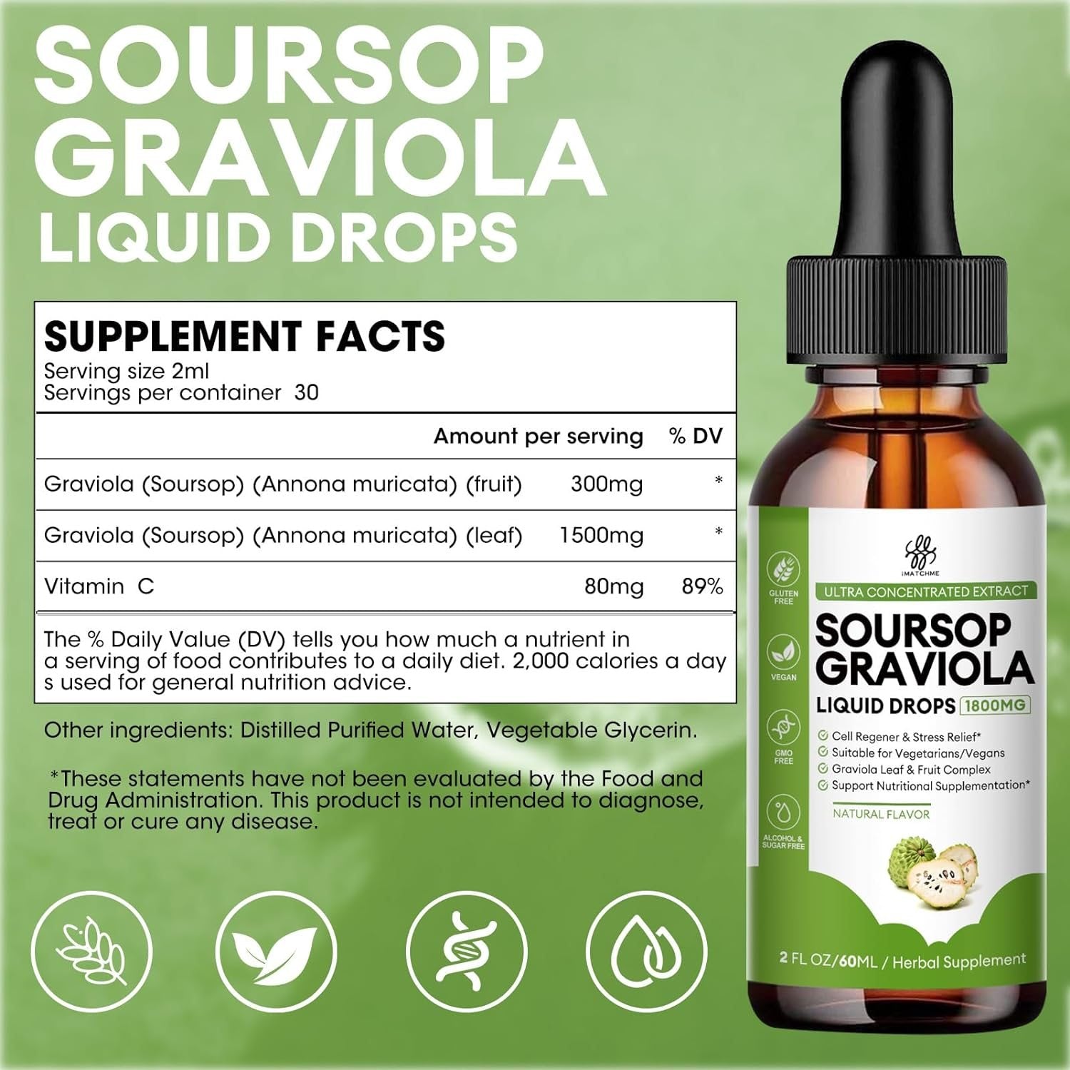 Soursop Graviola Drops - Immune Boost, Liver Support & Relaxation, 2 Fl Oz, Sugar/Gluten Free